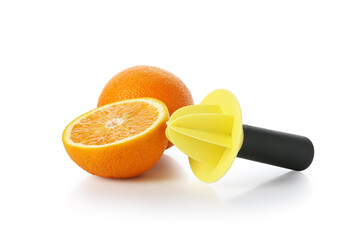 Plastic juicer with fresh oranges isolated white