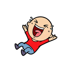 Cartoon illustration of a bald man laughing hysterically with tears and arms raised in joyful expression.