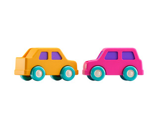 Fototapeta premium Two Colorful 3D Toy Cars in Orange and Pink with Turquoise Wheels on Black
