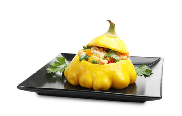 Tasty stuffed pattypan squash isolated on white