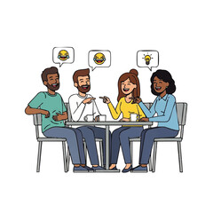 Four friends sit at a table, laughing and sharing ideas, with burger emojis and a lightbulb emoji floating above their heads.