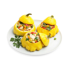 Tasty stuffed pattypan squashes isolated on white