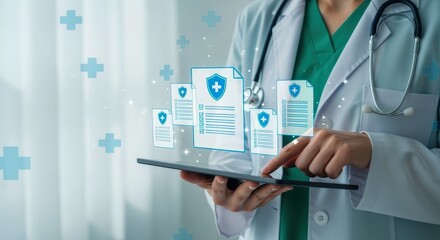 Doctor using digital tablet displaying medical records, data protection concept in healthcare management for patients