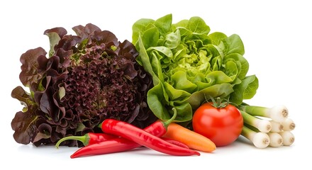 Fresh red oak leaf lettuce and green butterhead lettuce with vegetables