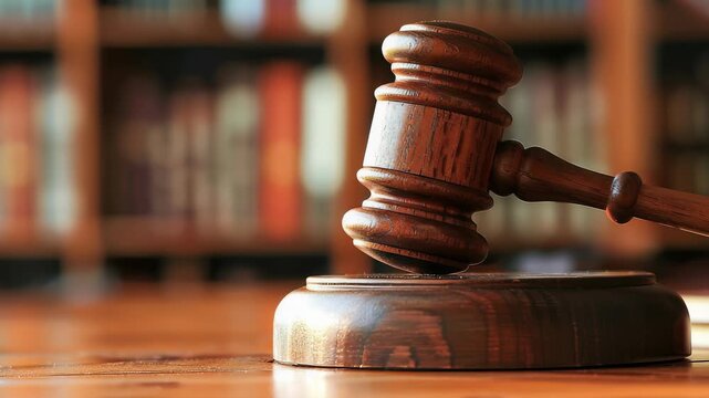 A brown wooden gavel sitting on a sound block. The setting has a blurry background containing shelves and books suggesting a legal, judicial or academic atmosphere. The wood grain is visible.