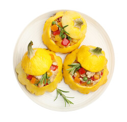 Tasty stuffed pattypan squashes isolated on white, top view