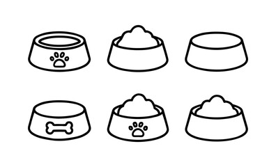 Pet bowls collection: simple linear icons for dog or cat feeders