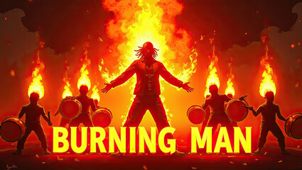 Burning Man festival dancers celebrating in fiery atmosphere