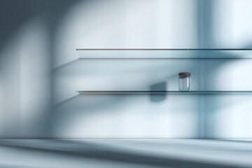 Empty glass shelves against light blue wall
