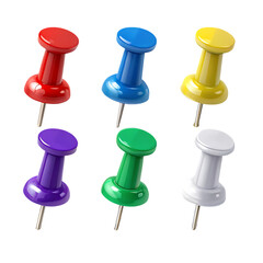 3d illustration of colorful pushpins isolated on transparent background, essential for office and school