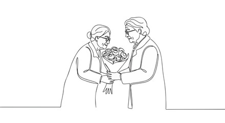 Minimalist continuous line drawing of an elderly woman receiving a bouquet