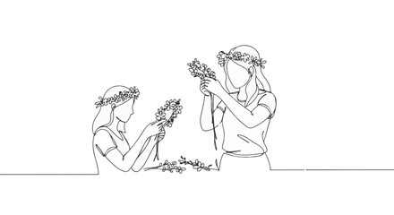 Obraz premium Minimalist continuous line drawing of women making flower crowns