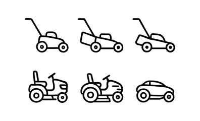 Naklejka premium Lawn mower and vehicle line drawings: icon set for gardening and transport themes