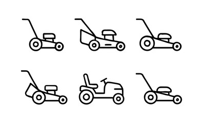 Set of six lawn mower icons in minimalist linear style