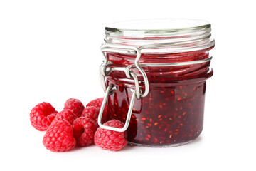 Sweet raspberry jam in glass jar and berries isolated on white