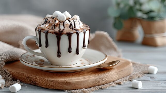 Indulge in a warm cup of hot chocolate adorned with fluffy marshmallows and rich chocolate drizzle on a rustic wooden plate - Powered by Adobe