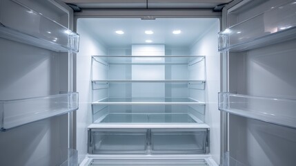 Clean, Empty Refrigerator Interior with Glass Shelves and Door Bins Ready for Food Storage