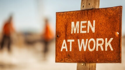 Men At Work Sign In Arid Landscape, Indicating Roadworks or Construction with Workers in Orange