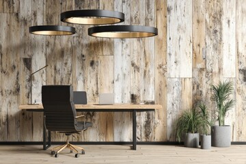 Modern workspace interior with wooden wall and desk