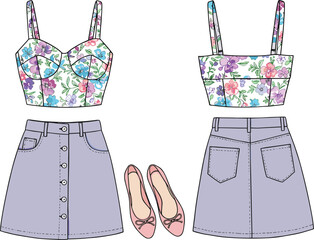 Floral crop top, button-up skirt, pink ballet flats front and back view, fashion flat sketch, clothing vector, cad drawing illustration © Snigdha Creatives