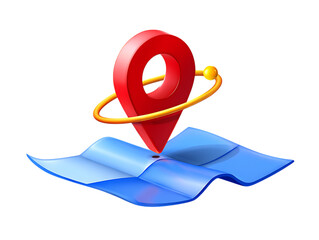 Shiny red 3D map pin icon with golden ring orbiting a blue stylized map for location and navigation