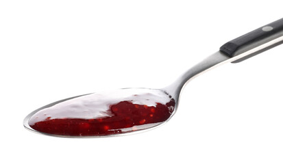 Sweet raspberry jam in spoon isolated on white