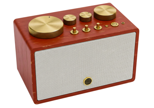 Vintage wood speaker with brass knobs and white grill for music listening and audio enjoyment system isolated on transparent background