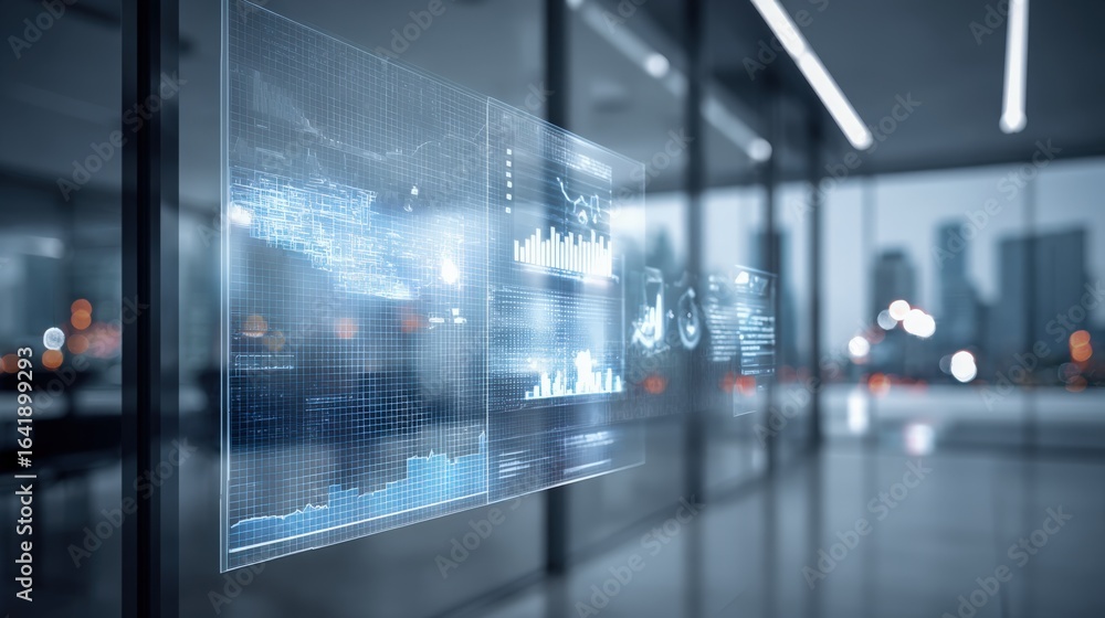 Poster futuristic interface display with data analytics in modern office, providing business insights and t