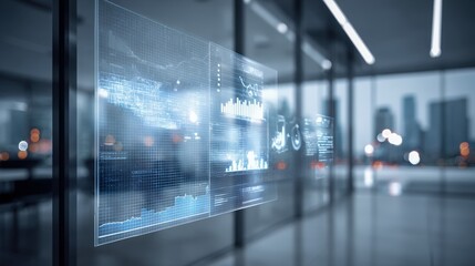 Futuristic Interface Display with Data Analytics in Modern Office, Providing Business Insights and Technology Integration