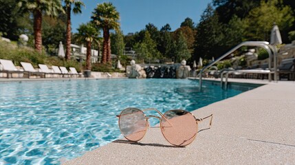 Obraz premium Pink sunglasses reflect sunlight while resting on a pool edge, with lush trees and mountains creating a tranquil atmosphere