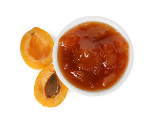 Tasty apricot jam in bowl and fresh fruit isolated on white, top view