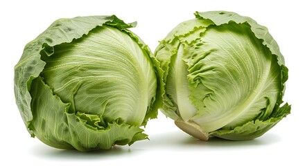 Two fresh green iceberg lettuce heads on a white background
