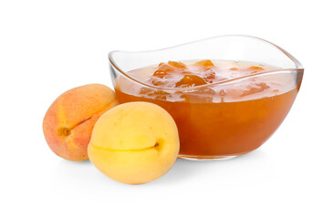Tasty apricot jam in bowl and fresh fruits isolated on white