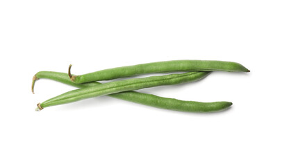 Fresh green pea pods isolated on white, above view