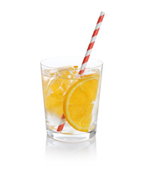 Sparkling water with orange slices in glass isolated on white