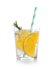 Sparkling water with orange slices and rosemary in glass isolated on white