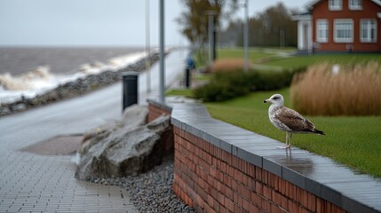 A group of seagulls with gray and white feathers stands close together on an old wall, gazing out at the calm sea on a cloudy day.
