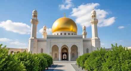 Obraz premium Magnificent Mosque Architecture Featuring a Golden Dome, Minarets, Arches, and Lush Greenery Under a Clear Blue Sky
