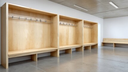 Empty Locker Room with Wooden Lockers and Benches, Clean and Modern Interior Design, Providing Storage