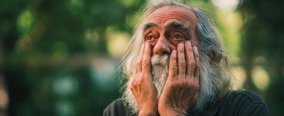 The thoughtful elderly man expressing deep emotions in a serene outdoor setting.