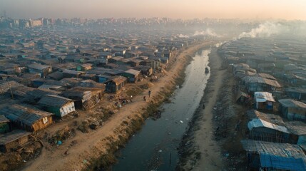 Dense Urban Slum Aerial View with River, Depicting Poverty, Pollution, and Environmental Challenges