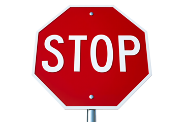 Vivid red octagonal 3D stop sign with crisp white text and border, symbolizing safety and restriction.