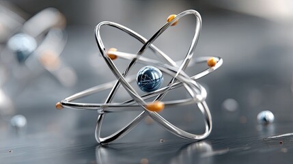 Dynamic abstract background featuring an atom model, highlighting quantum entanglement and futuristic concepts of nuclear science