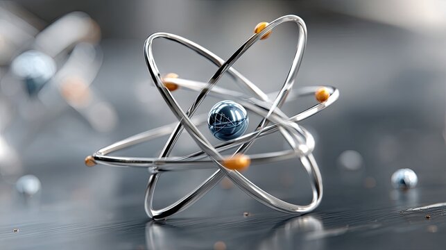 Dynamic abstract background featuring an atom model, highlighting quantum entanglement and futuristic concepts of nuclear science