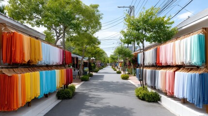 Naklejka premium Rows of vibrant saris in various colors are showcased on a sunny city street, attracting shoppers and passersby