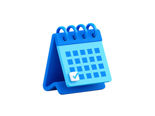 Modern blue 3D desk calendar showing marked dates with a white checkmark, symbolizing scheduled events.