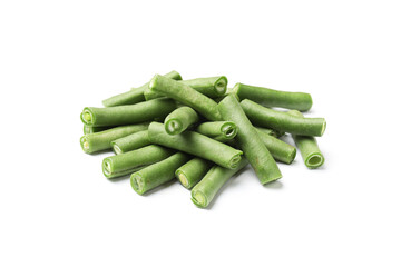 Pieces of fresh pea pods isolated on white