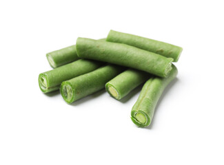 Pieces of fresh pea pods isolated on white