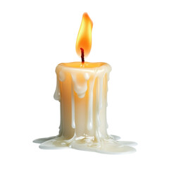 Single lit white candle with dripping wax isolated on transparent background