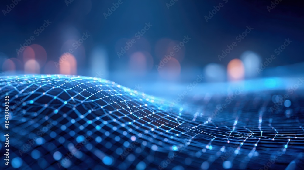 Poster abstract digital grid landscape with nodes and connections, representing technology, data, and netwo